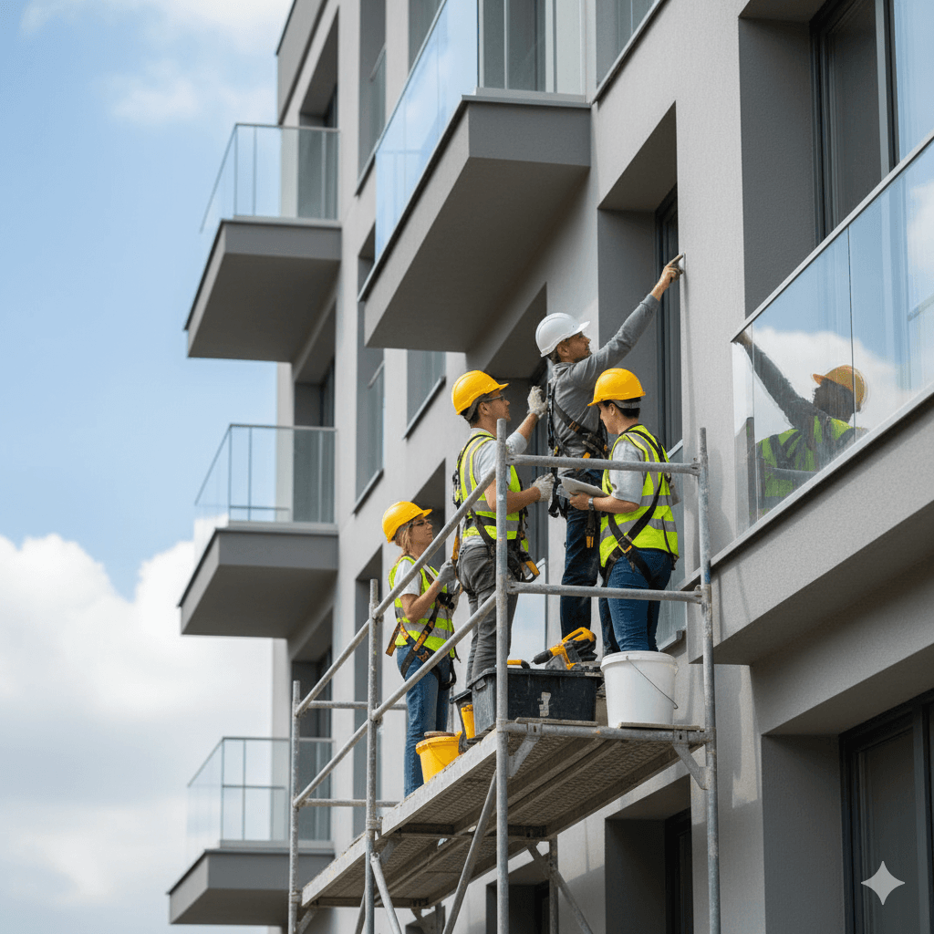Construction professionals inspecting and repairing a modern multi-storey residential building facade
