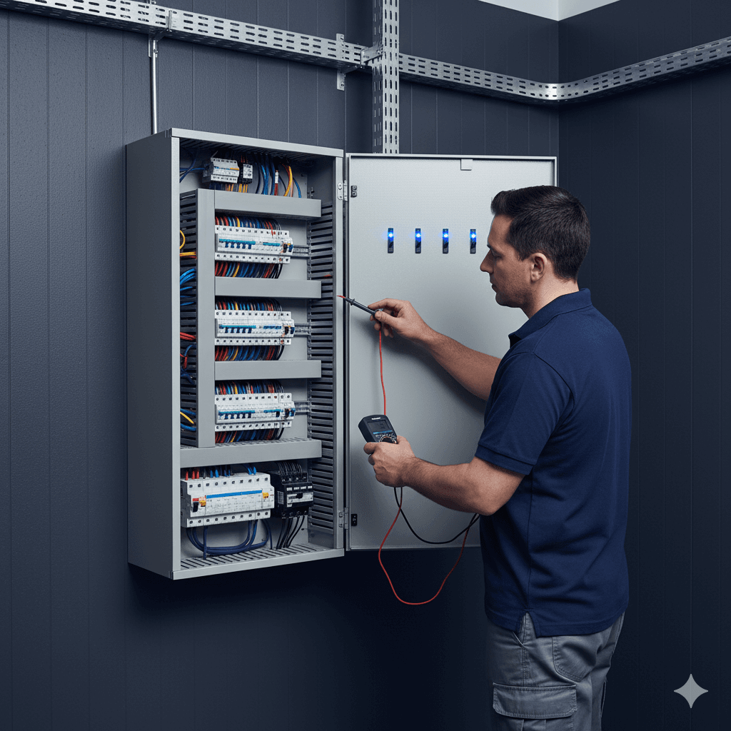 Qualified electrician inspecting a modern electrical switchboard in a commercial or strata building