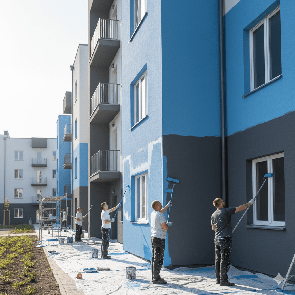 Professional painters using rollers and brushes on the exterior walls and balconies of a contemporary apartment complex