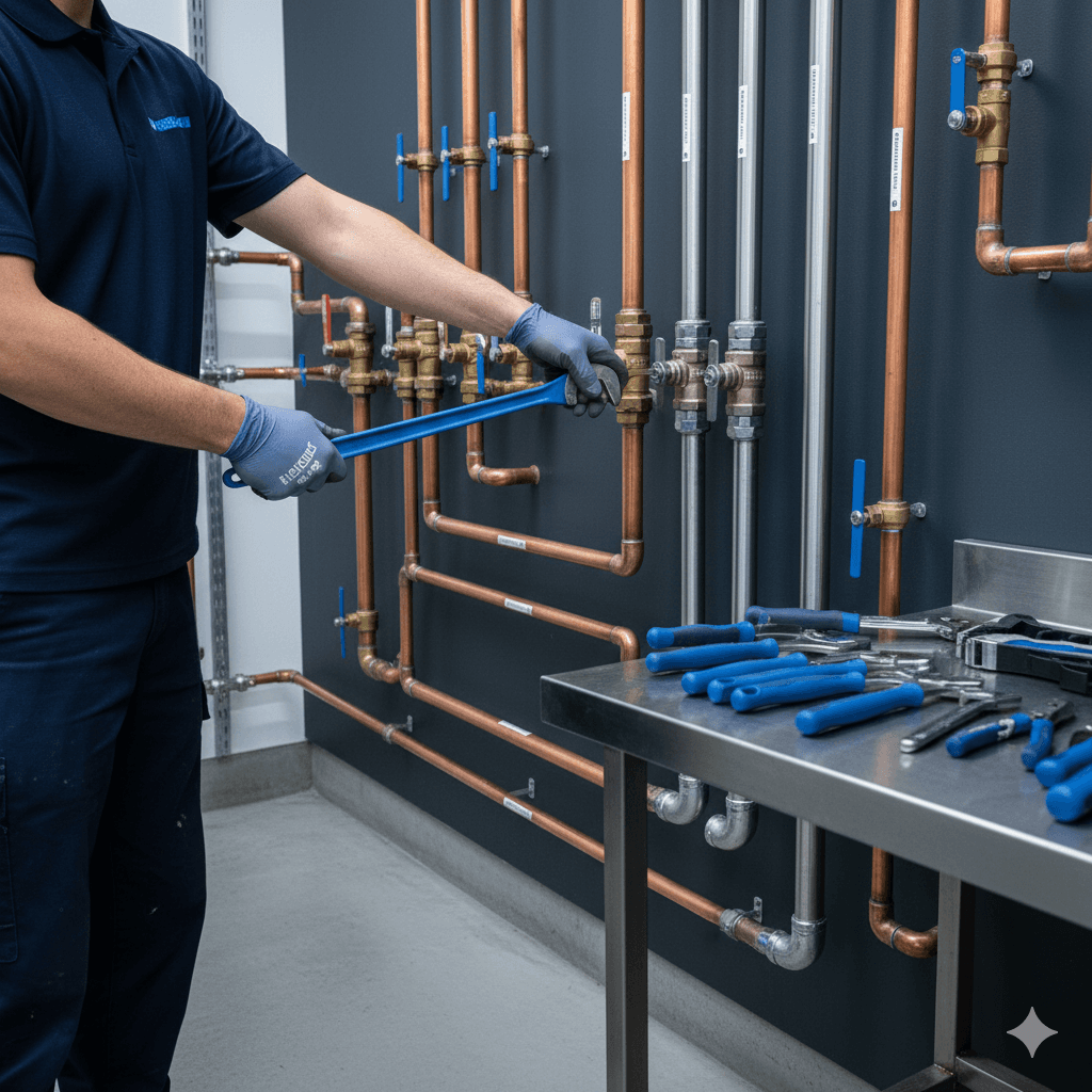 Professional plumber working in a tidy plant room of a strata building with modern pipes and valves